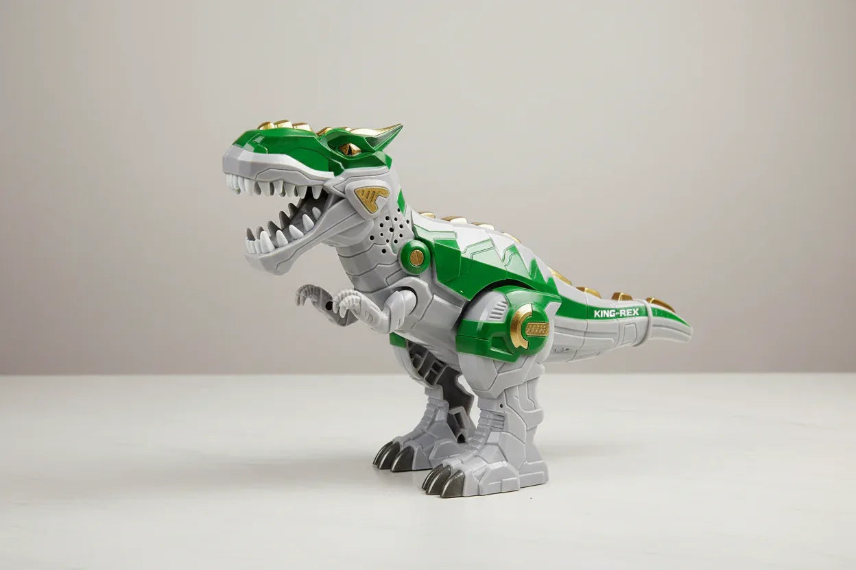 Studio tabletop view of Vivitar Robo King-Rex green and grey electronic dinosaur toy