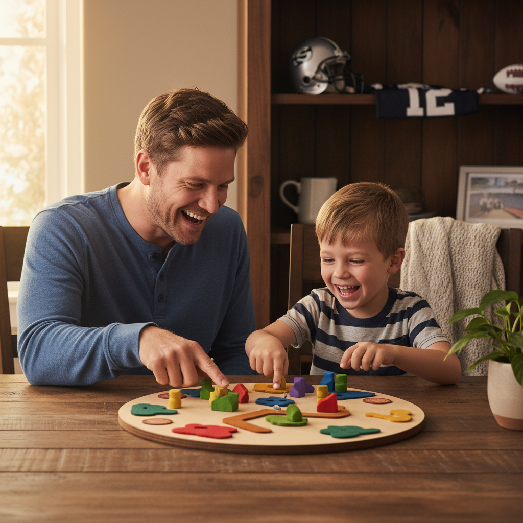 Dad and young son playing a two-player board game together at the dining room table, both smiling