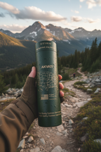 Matte dark green Akvati 32 oz stainless steel water bottle held by a hiker on a mountain trail with dramatic outdoor scenery.