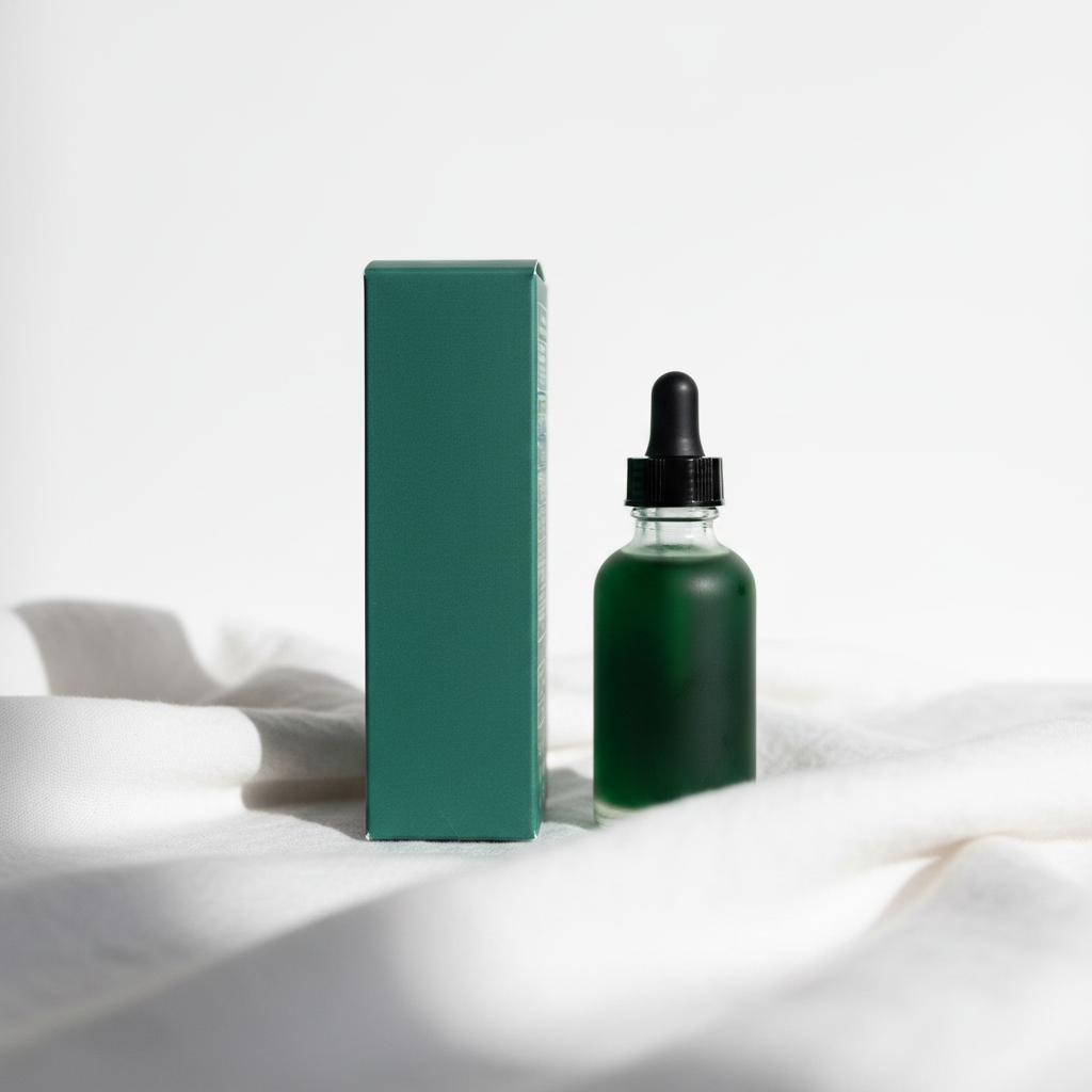 Cocokind Chlorophyll Discoloration Serum package shown from a turned-away angle on white linen