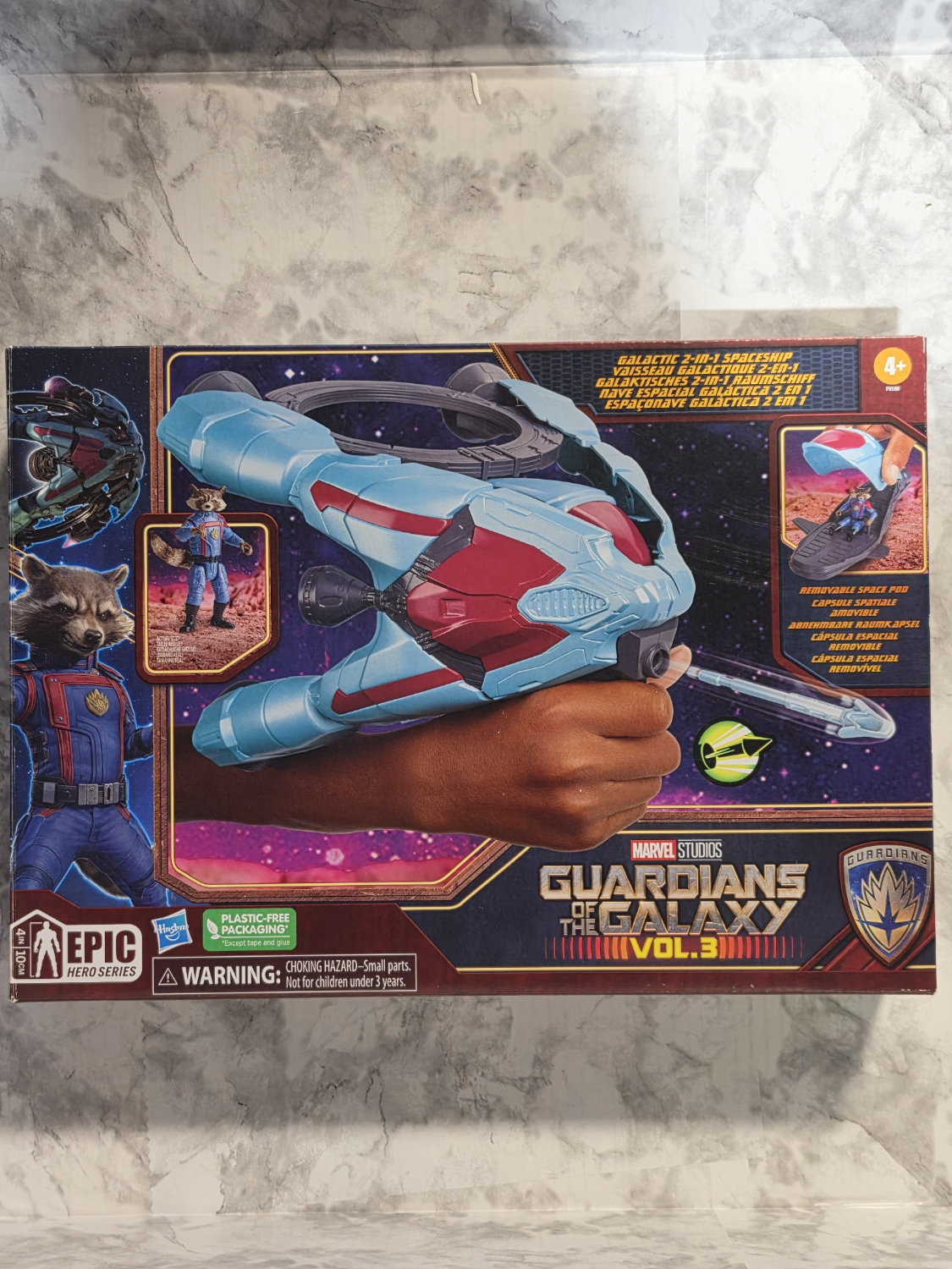 Box of a Marvel Guardians of the Galaxy toy set on a marble surface