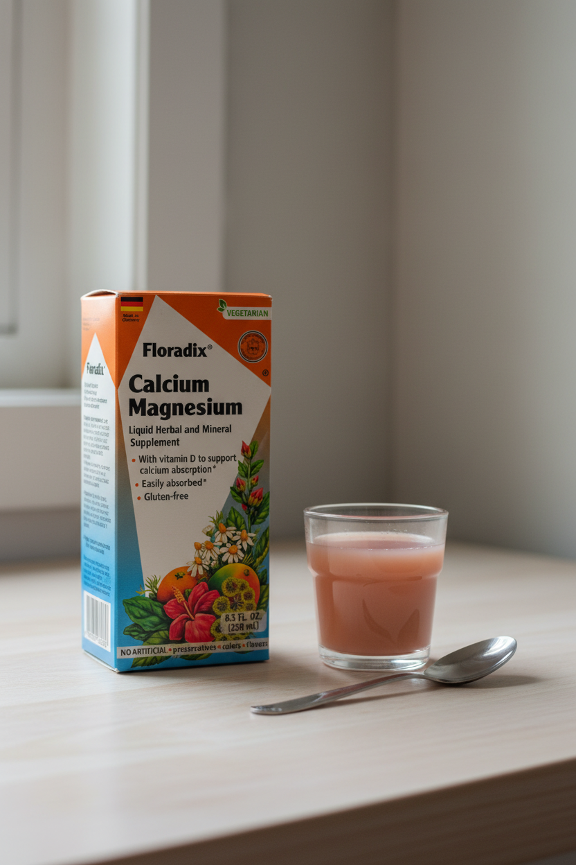 Floradix Calcium Magnesium Liquid Supplement 250ml box on a light wood surface next to a small glass of liquid supplement and a spoon in a morning wellness setting – More4less Outlet