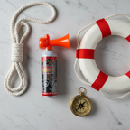 Flat lay of marine safety essentials including orange signal air horn, life preserver, rope and compass on white marble surface