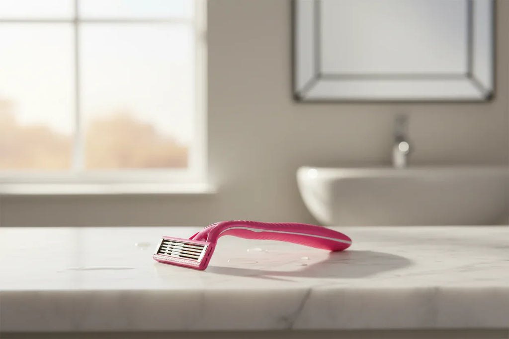 Bright morning sunlight hitting a fresh pink women's razor on a clean white marble bathroom shelf