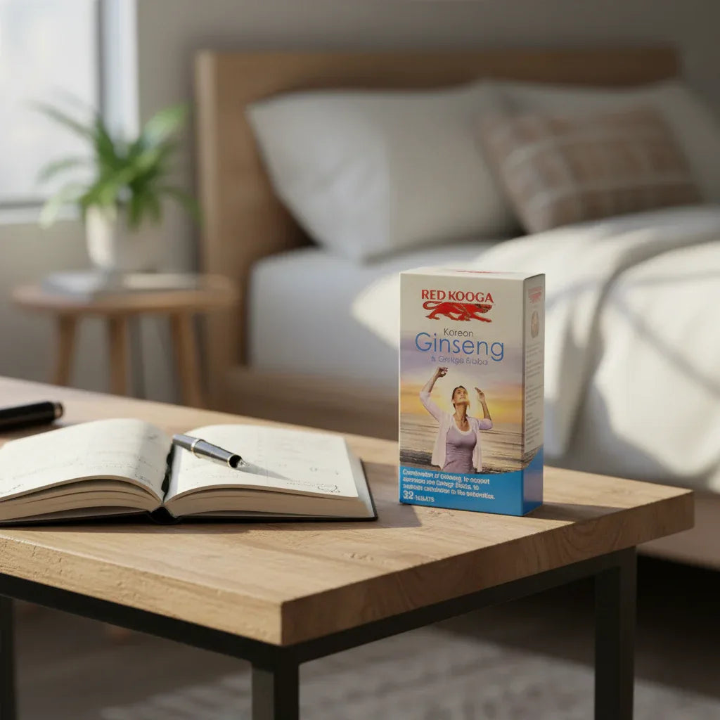 Red Kooga Korean Ginseng Ginkgo Biloba box on wooden bedside table in morning bedroom setting with open daily productivity journal