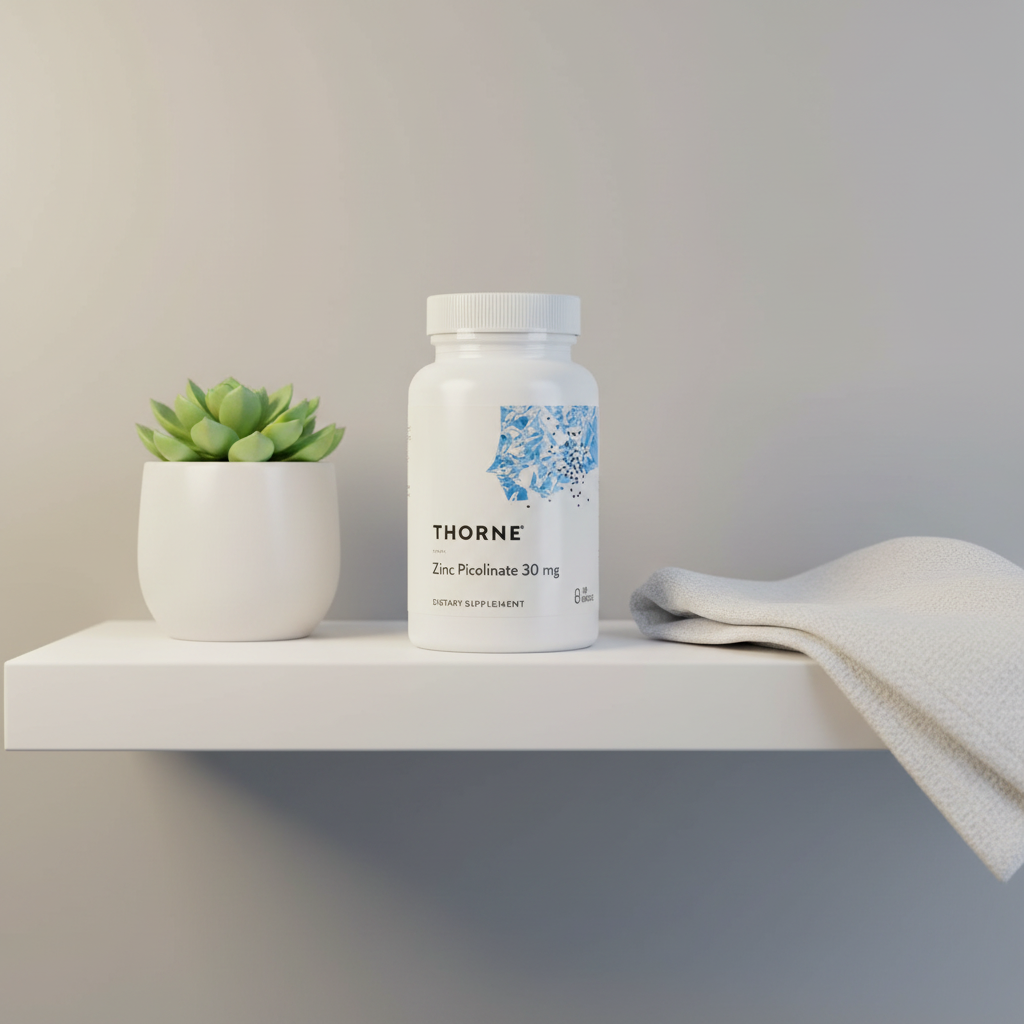 Thorne Zinc Picolinate 30 mg bottle styled on minimalist white shelf beside succulent plant and white linen cloth