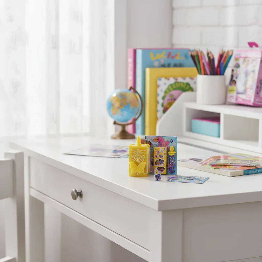 Disney Encanto micro journal with 4 secret micro surprises displayed on child's white desk in bright sunlight.