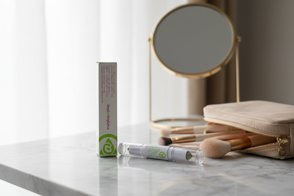 Mary Kay at Play Shadow & Liner Mint to Be dual-ended eye crayon on marble vanity with makeup brushes and mirror – beauty lifestyle photography