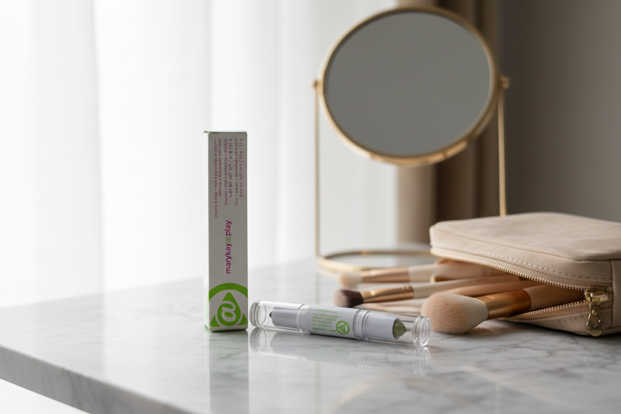Mary Kay at Play Shadow & Liner Mint to Be dual-ended eye crayon on marble vanity with makeup brushes and mirror – beauty lifestyle photography