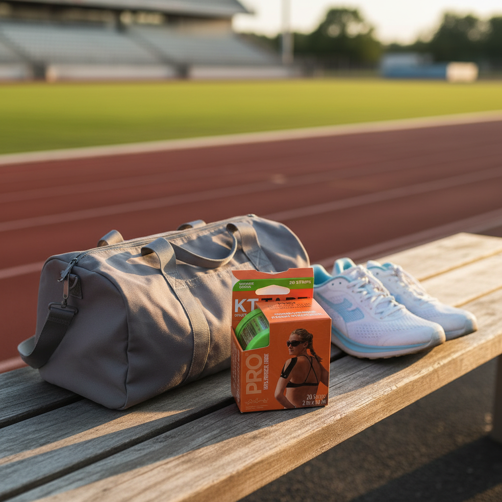 KT Tape Pro Winner Green package on a track-side bench beside a gym bag and running shoes