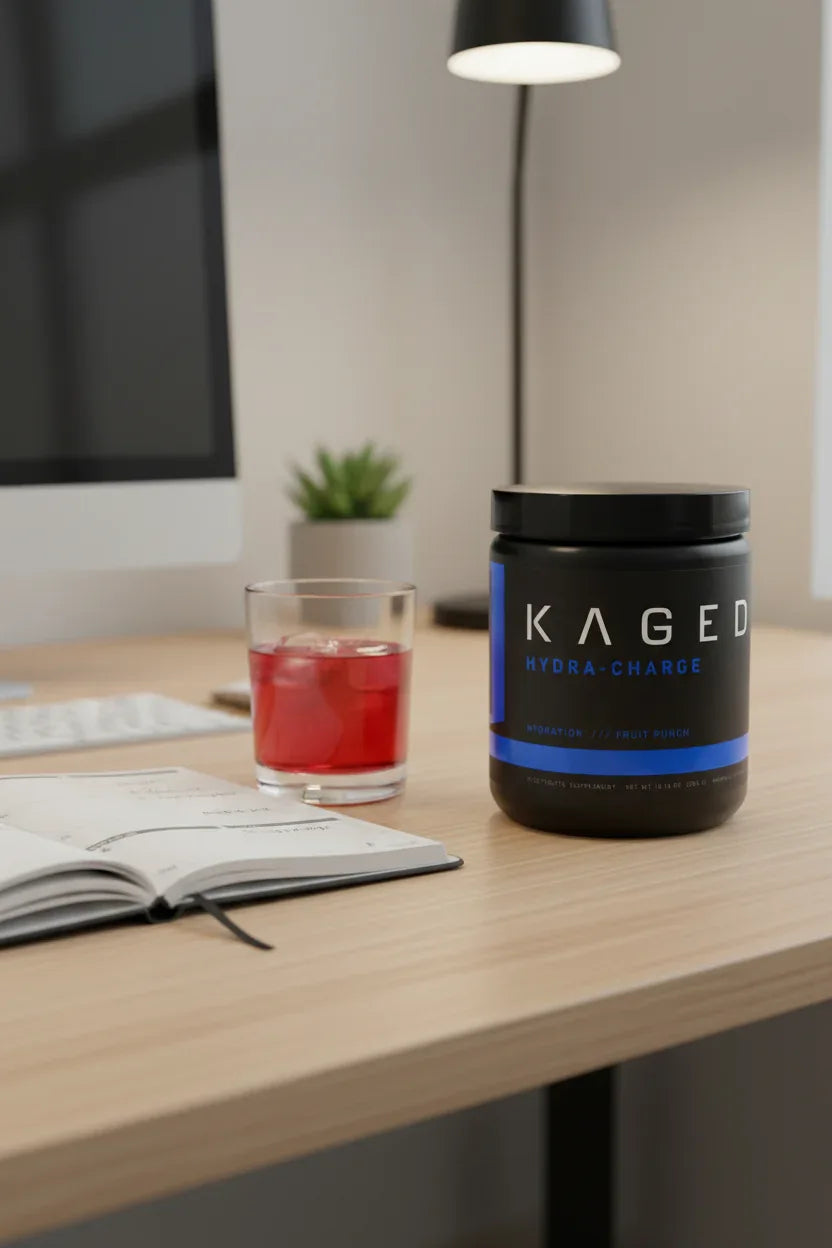 Kaged Hydra-Charge tub on light-oak office desk next to open planner and red electrolyte drink glass daily use