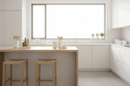 Sun-drenched modern kitchen showcasing minimalist white functional storage organizers on a bright countertop