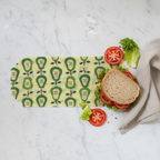 SuperBee Sandwich Wax Wrap 33x33cm flat lay on white marble with sandwich lettuce tomato and linen napkin