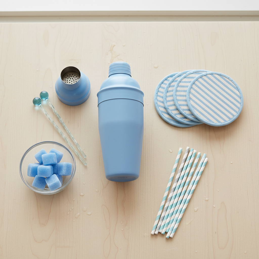 Flat-lay of all 31 pieces of powder blue cocktail set on light wooden countertop including shaker, ice cubes, stirrers, coasters, and straws