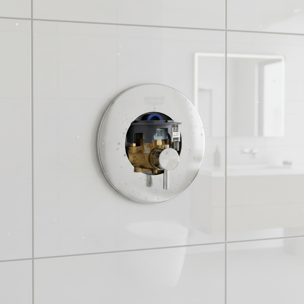 Grohe GrohSafe 3.0 valve behind a finished white tile shower wall with a Grohe trim kit installed over it.
