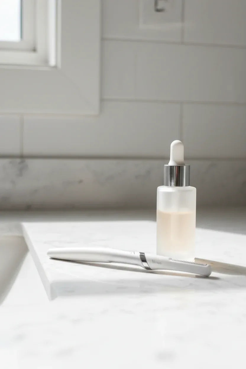 Gillette Venus facial razor on white quartz vanity with glass serum dropper