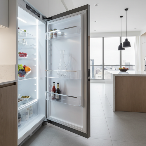 Modern kitchen setting showing a contoured crystal wine carafe resting neatly inside a refrigerator door shelf next to fresh fruits