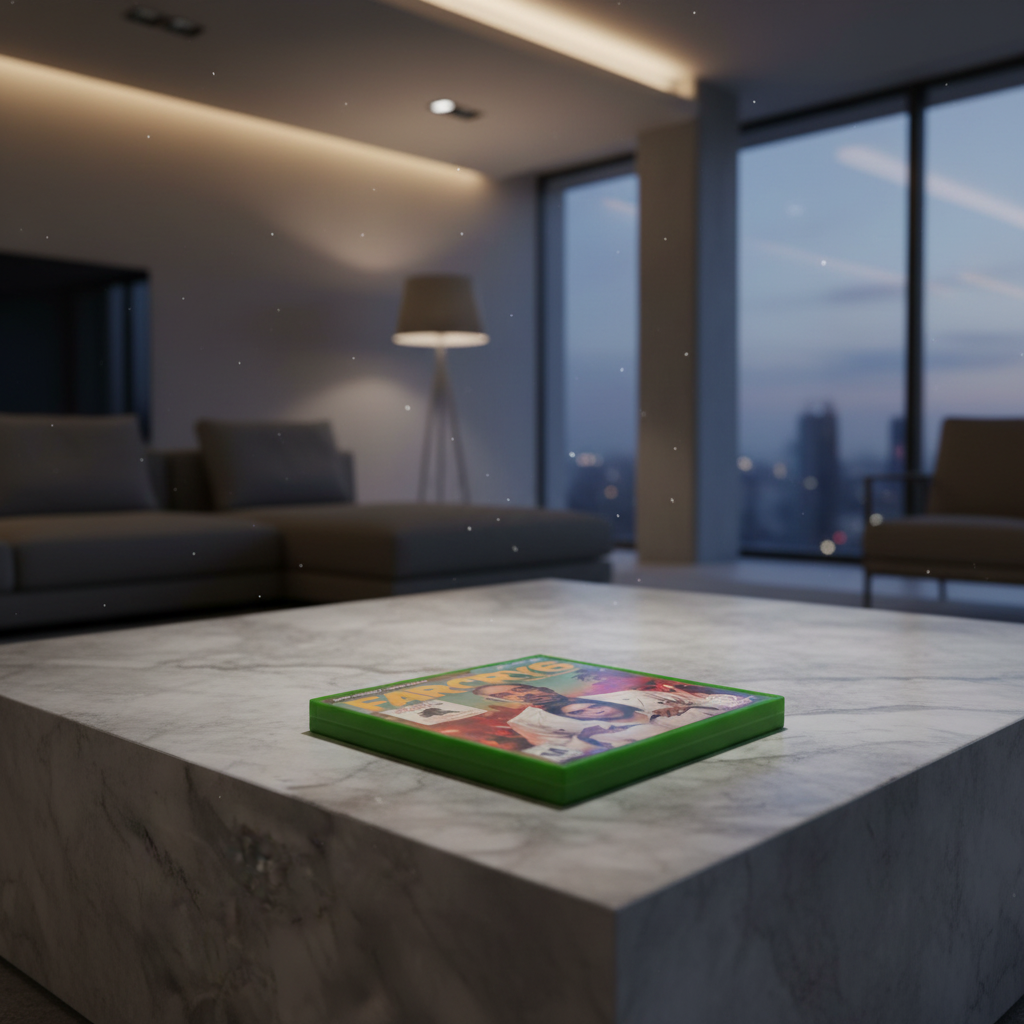Far Cry 6 Xbox game case on gray stone coffee table in modern lounge with cinematic lighting