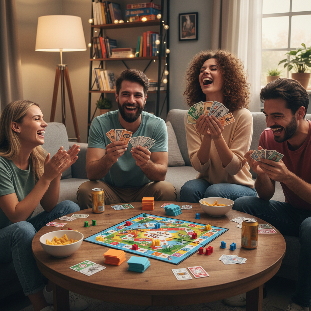 Friends laughing during game night holding play money and dog deed cards