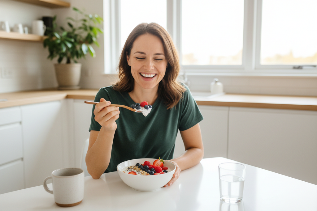 Healthy woman eating yogurt with fresh berries at kitchen table - gut health wellness lifestyle