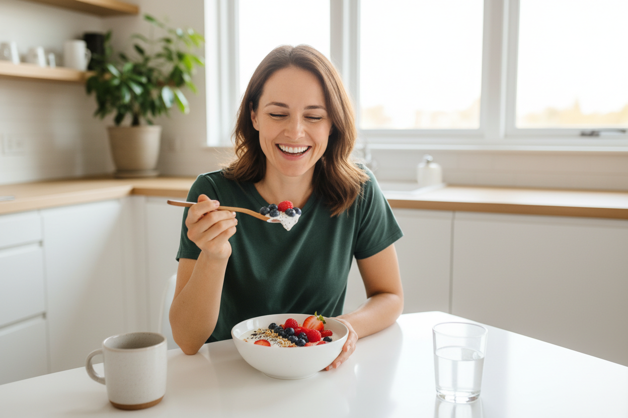 Healthy woman eating yogurt with fresh berries at kitchen table - gut health wellness lifestyle