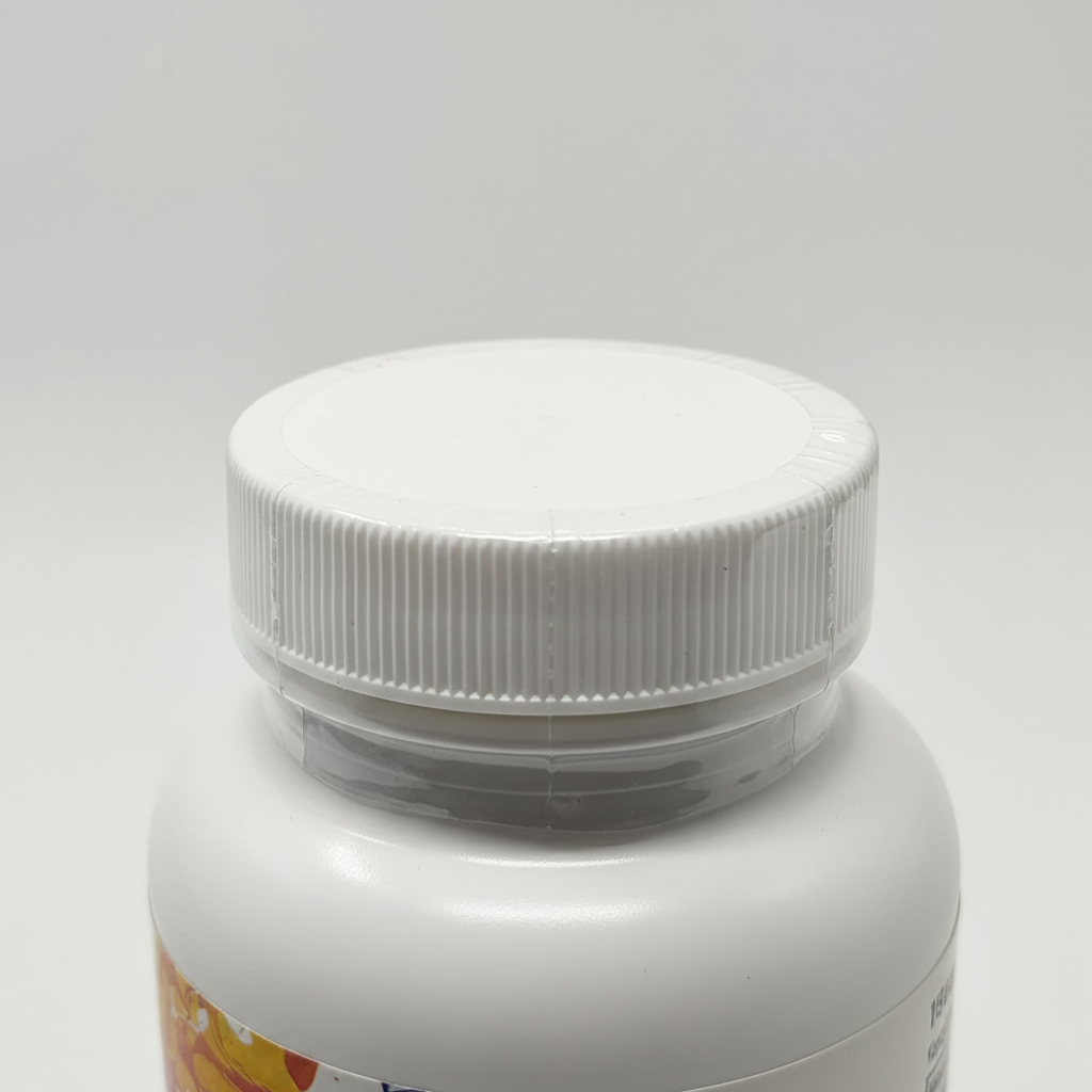 Close-up of white supplement bottle cap showing intact factory safety seal band confirming new and sealed condition