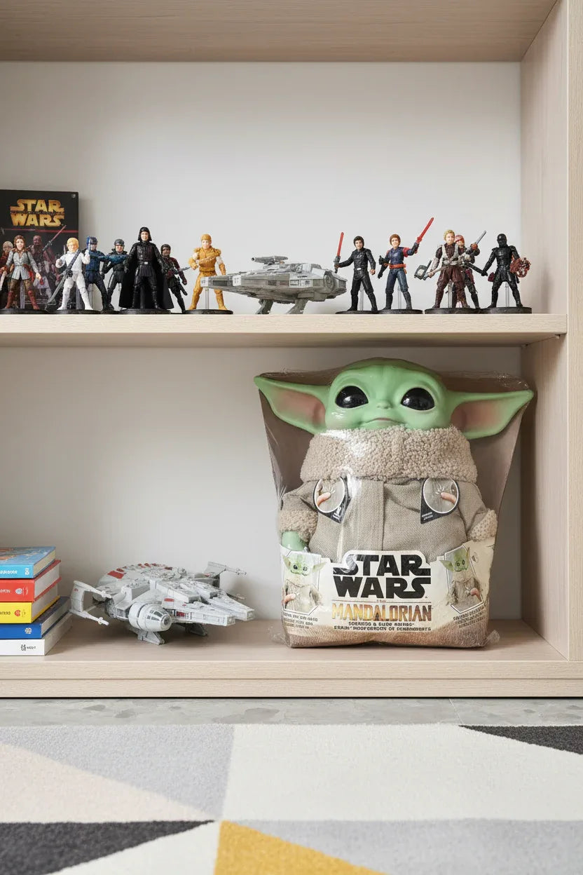 Star Wars Mandalorian Squeeze and Blink Grogu plush on organized modern child's playroom shelf with soft bright lighting