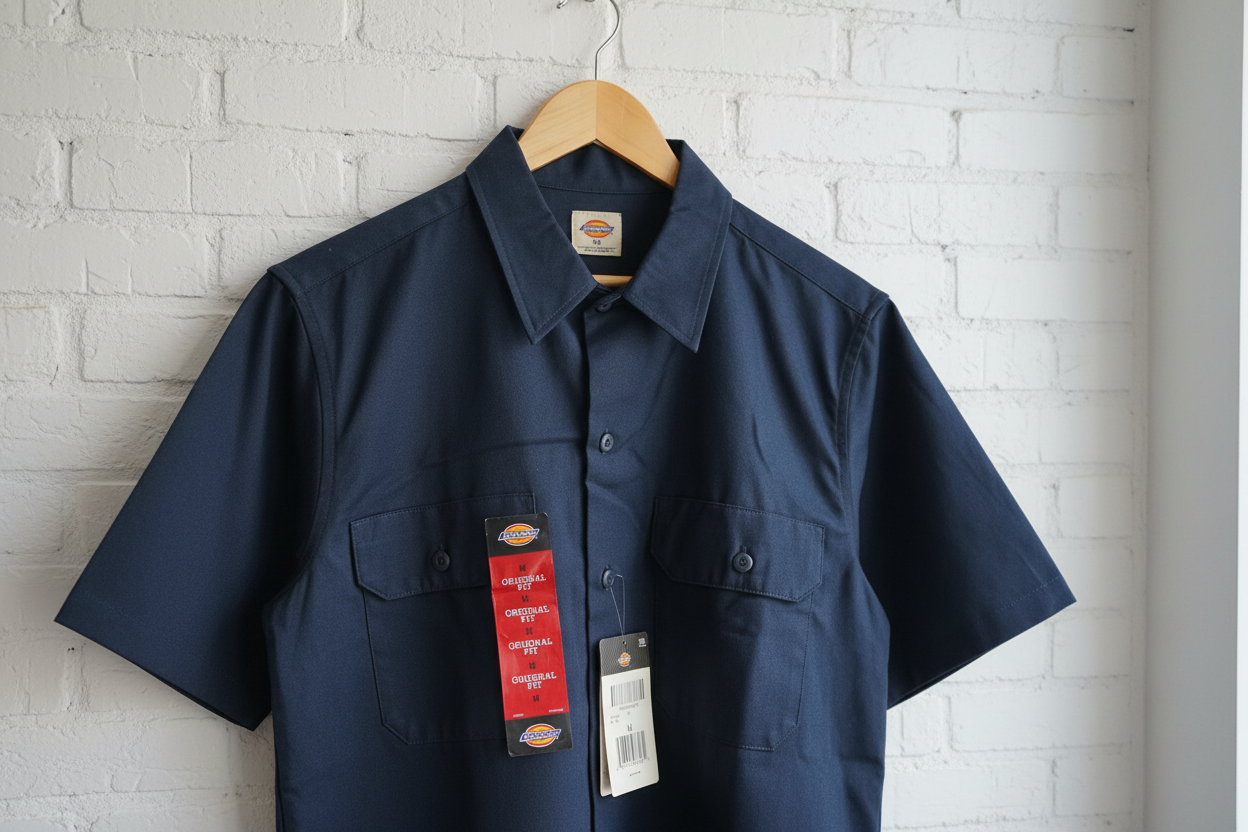 Dickies Original Fit Short Sleeve Work Shirt dark navy size M hanging on wooden hanger white brick wall – More4less Outlet