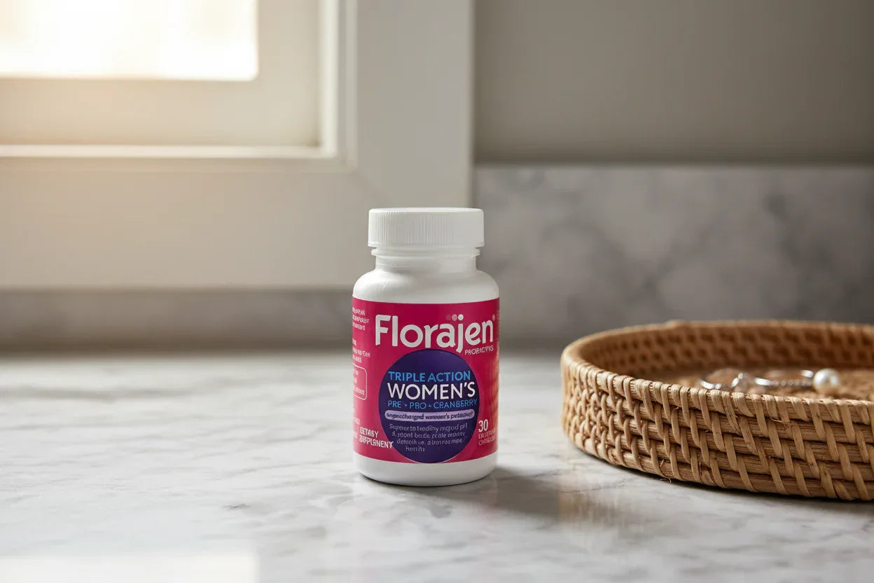 Florajen Women's Triple Action Probiotic 30ct bottle on gray marble bathroom vanity with woven jewelry tray — premium daily women's wellness setting