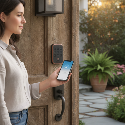 Homeowner using a smartphone outside a wooden front door to unlock a Venetian Bronze keypad smart deadbolt via Bluetooth app