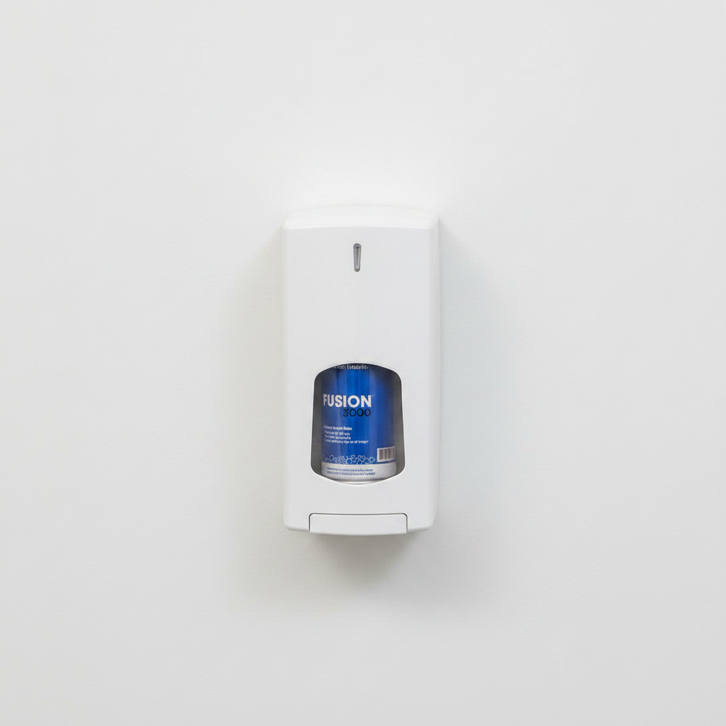 Fusion 3000 Linen Fresh aerosol can in white metered dispenser on clean office bathroom wall – More4less Outlet