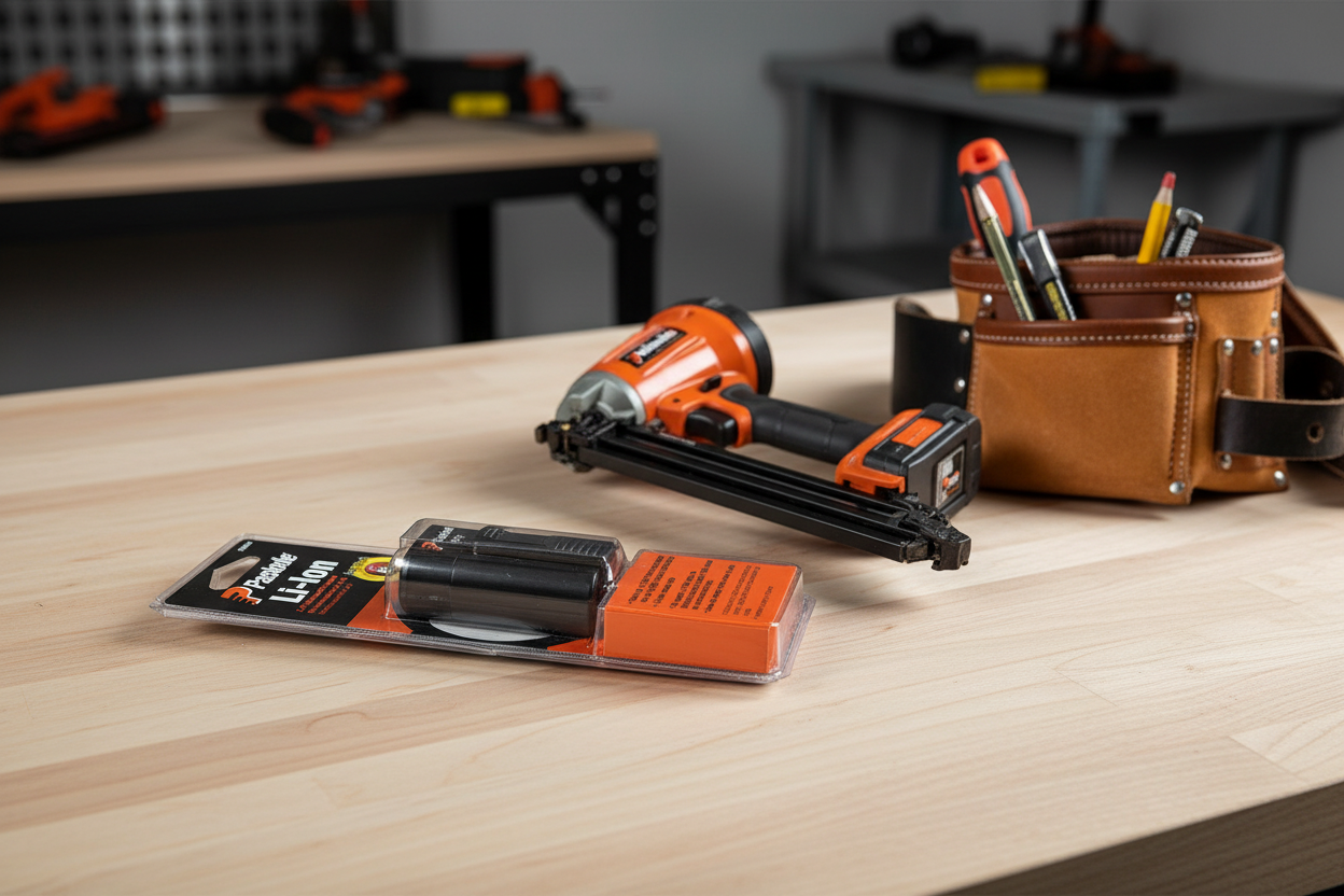 Paslode 902654 7.4V Li-Ion battery pack on workbench beside finish nailer and tool belt - More4less Outlet