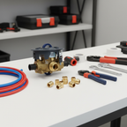 Grohe GrohSafe 3.0 shower rough-in valve on a workbench alongside PEX expansion fittings and plumbing tools.