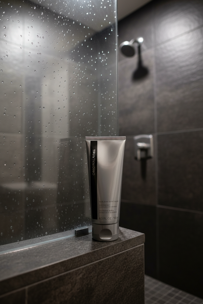 Mary Kay True Original Hair and Body Wash 6.5 fl oz on modern walk-in shower ledge with dark tile – More4less Outlet