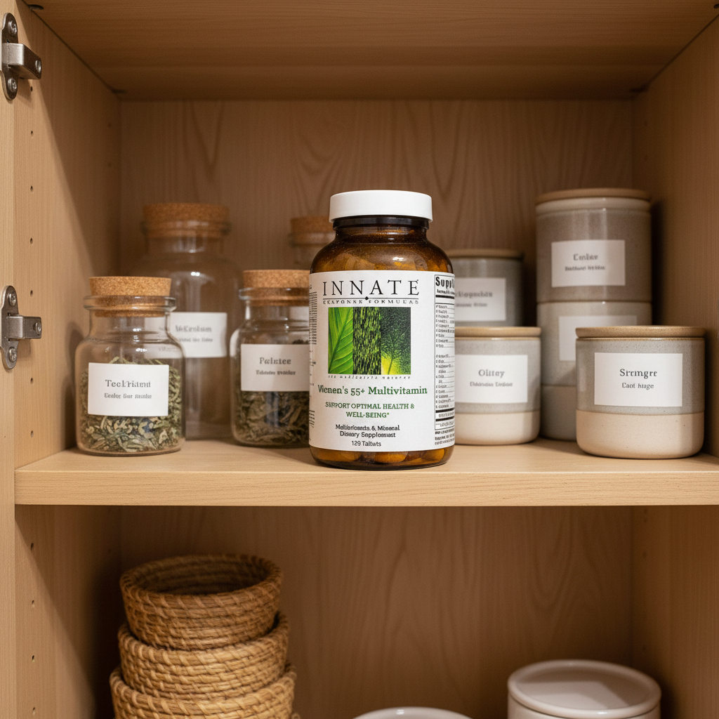 Innate Response Women's 55+ Multivitamin in organized natural-wood wellness pantry with boutique storage jars