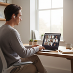 Person working from home at a desk wearing true wireless earbuds on a video call