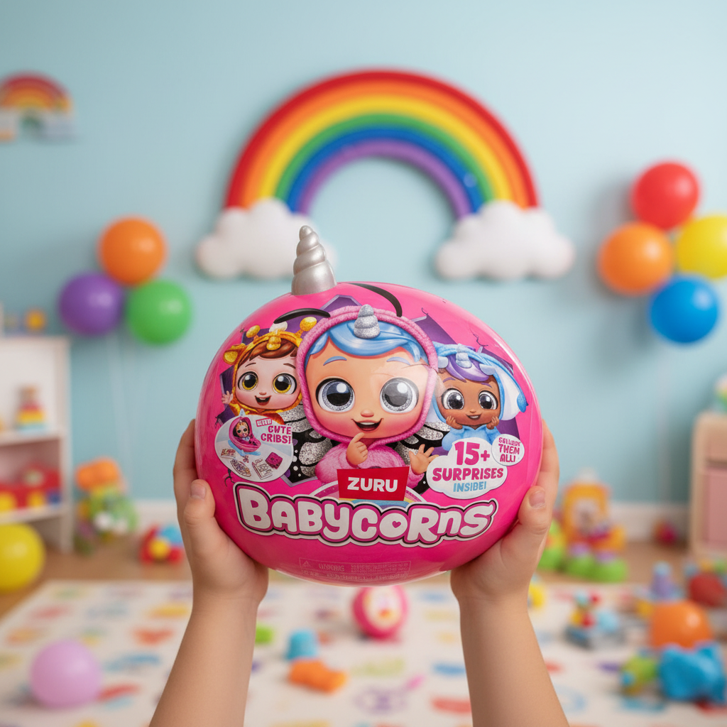 ZURU Babycorns pink surprise egg held by child in bright colorful playroom with rainbow decorations – More4less Outlet