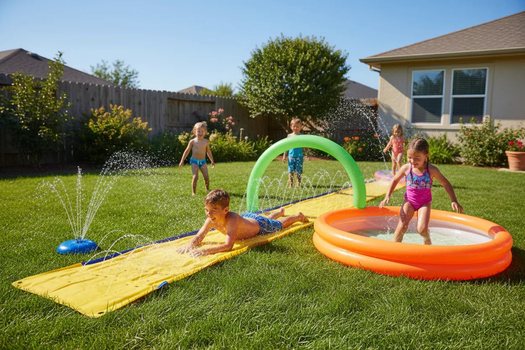 Wham-O Slip N Slide Water Park set up on backyard lawn kids sliding splashing