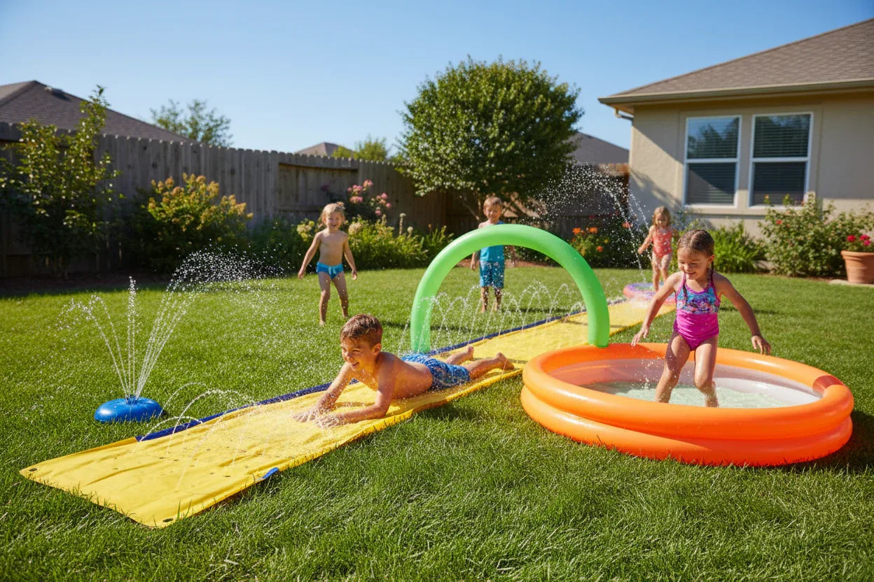 Wham-O Slip N Slide Water Park set up on backyard lawn kids sliding splashing