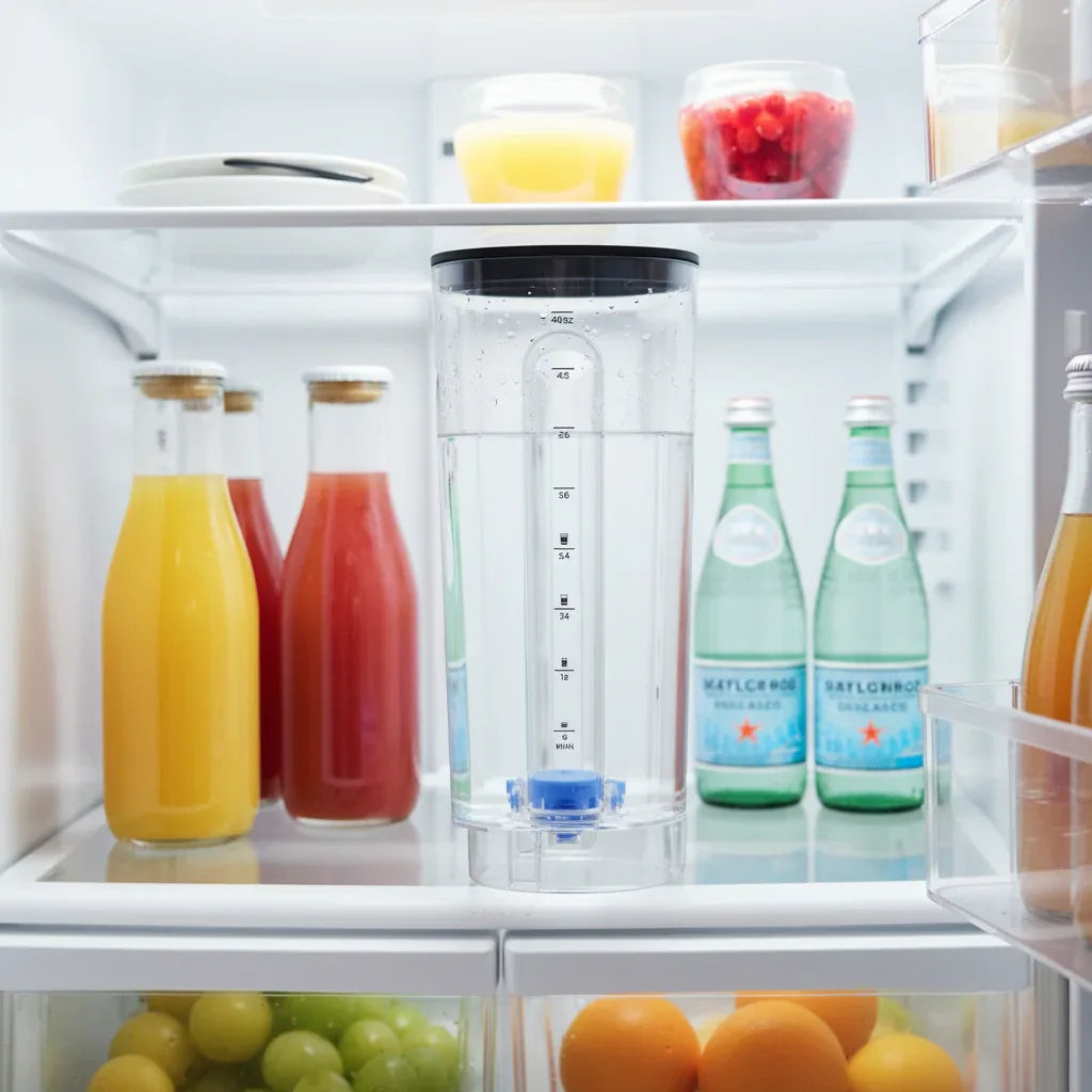 Ninja Thirsti 48oz water reservoir filled with clear water stored in modern refrigerator door with juice carafes for fridge storage
