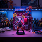 Masters of the Universe Origins Snout Spout figure displayed on a collector desk with cinematic blue and purple lighting — More4less Outlet