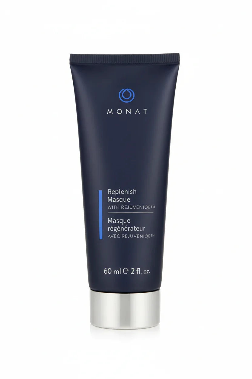 MONAT Replenish Masque close-up hero shot navy blue tube silver base