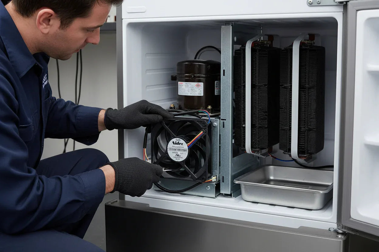 Technician installing new condenser fan cooling assembly into refrigerator appliance