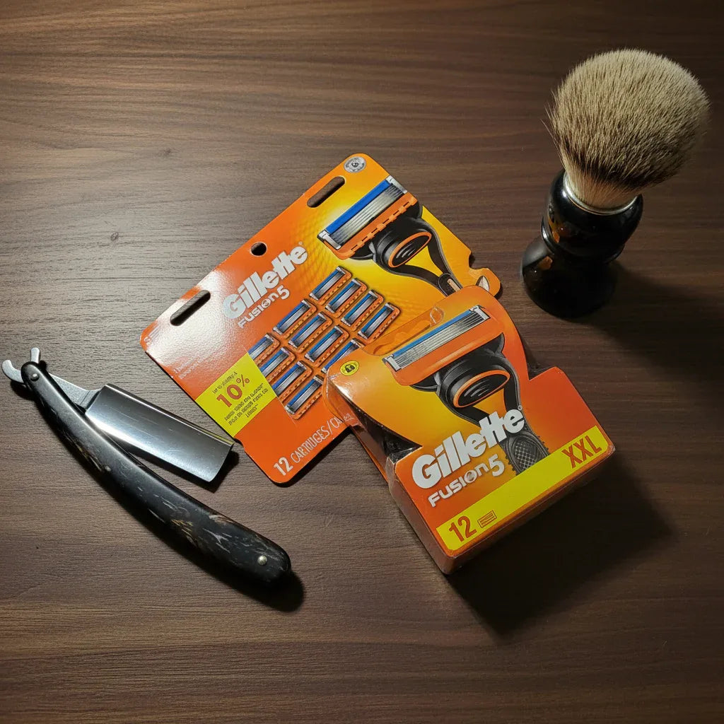 Gillette Fusion5 12ct XXL Razor Refills on dark walnut grooming kit surface