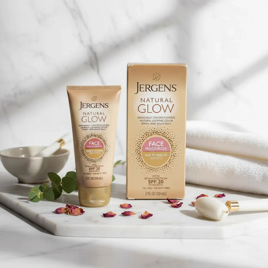 Jergens Natural Glow gold face moisturizer tube and box on soft white marble vanity, delicate morning light lifestyle photography