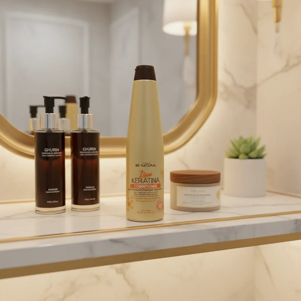Be Natural Lisso Keratina Conditioner champagne gold bottle in organized vanity shelf with soft backlight alongside high-end professional hair treatment bottles