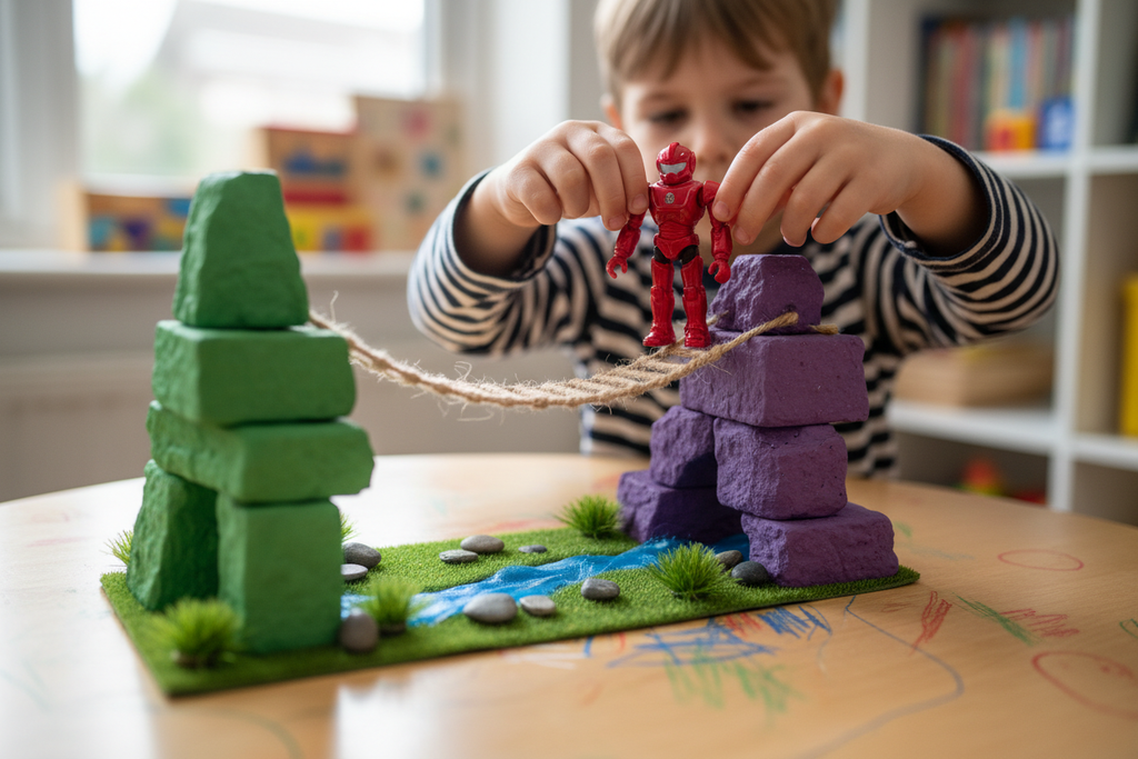 Child's hands positioning red robot figure on adventure diorama with green and purple obstacle towers