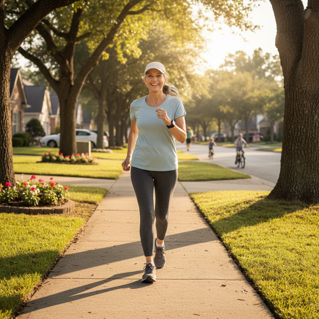 Older woman doing a brisk morning walk in a sunny suburban neighborhood for active healthy aging