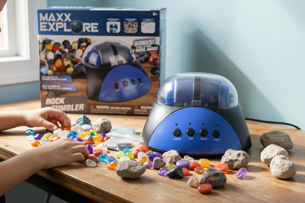 Maxx Explore Rock Tumbler blue machine on wooden desk with colorful polished gemstones and rough rocks