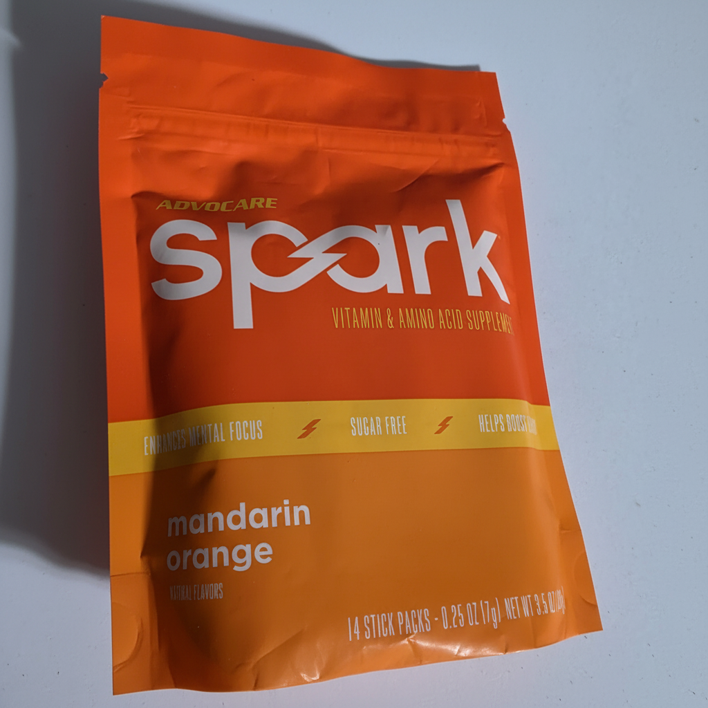 Close view of AdvoCare Spark Mandarin Orange supplement package
